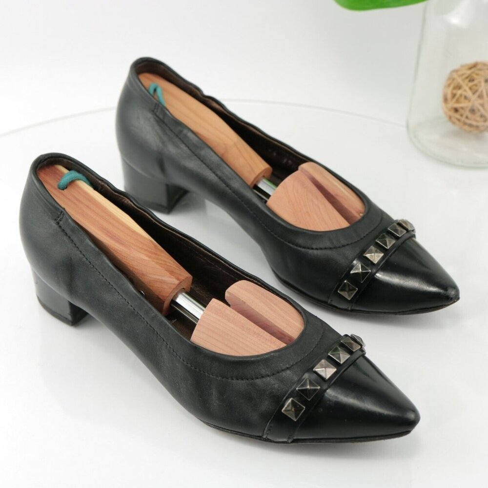 AGL Womens Pump Size 37.5 7.5 Black Leather Pointed Block Heel Pyramid Studded - Picture 3 of 12